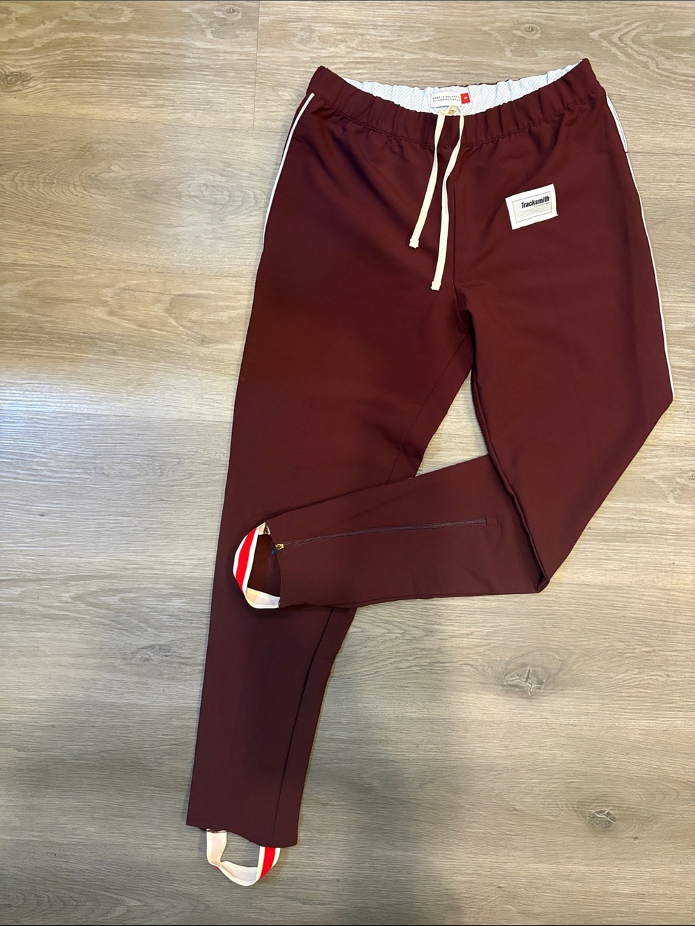 Tracksmith Bisslet Burgundy Slim Joggers with White Trim